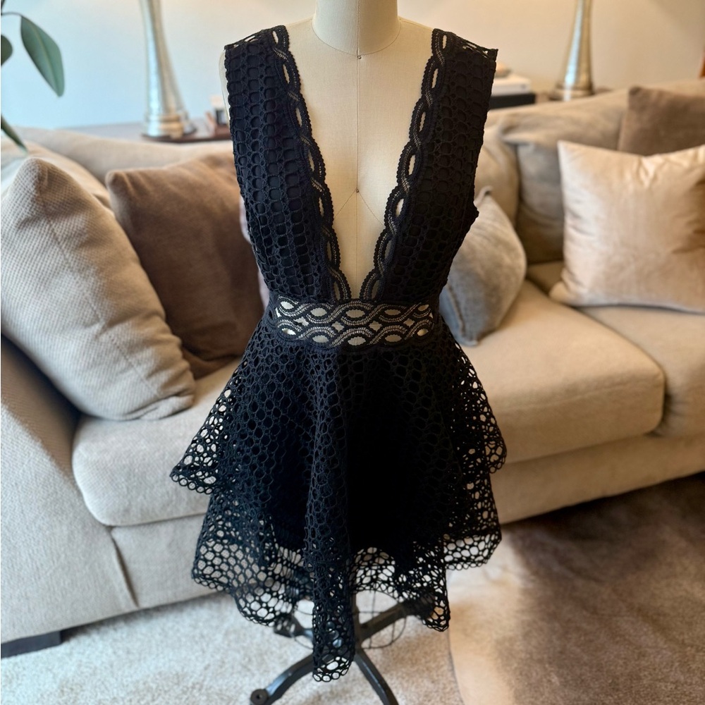Tiered Black Lace Mini Dress with Deep V